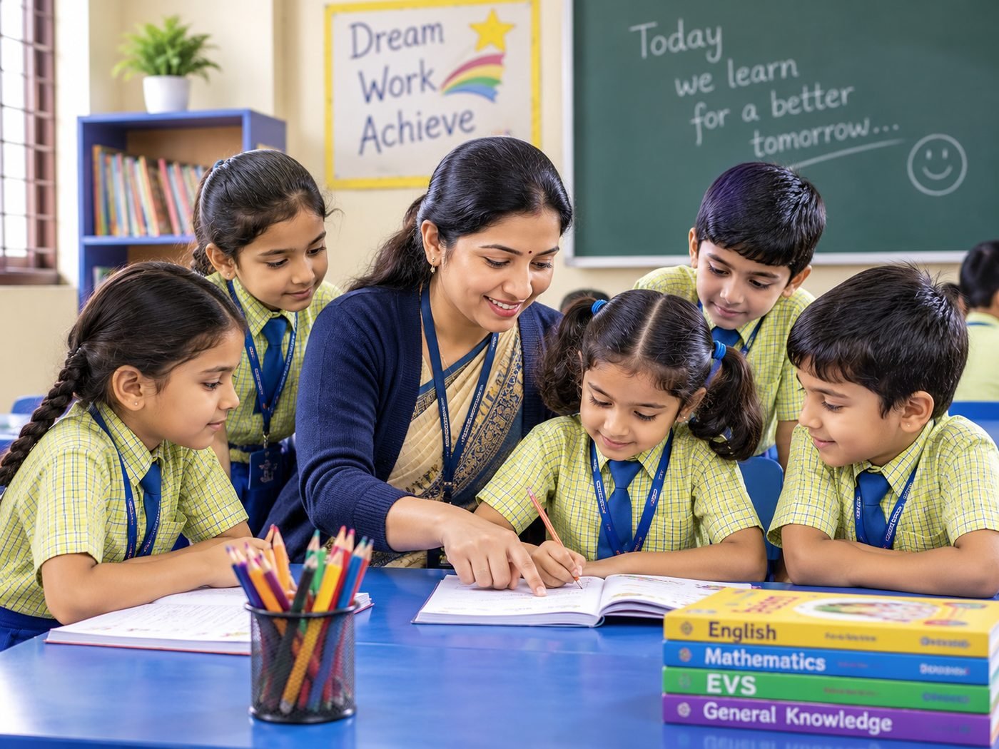 A teacher helping a group of students at their desk at Ayush Public School