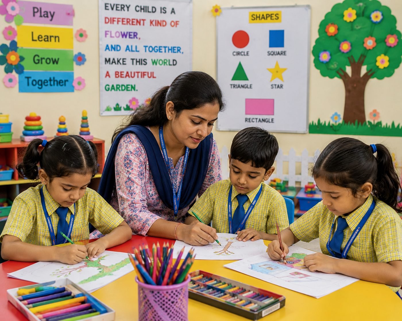 An early-years teacher guiding children through a drawing activity