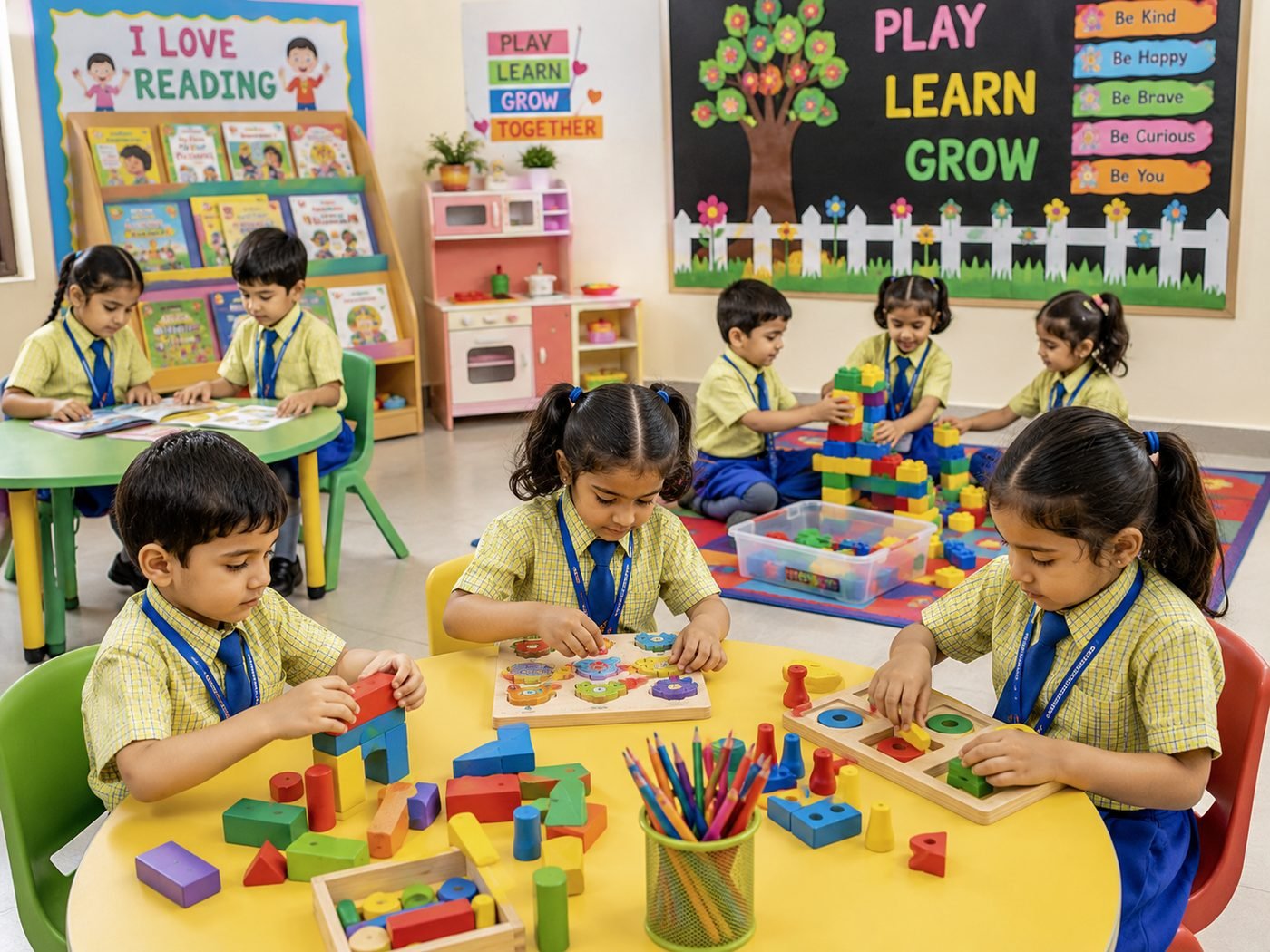 Playway children working with blocks and puzzles in a bright classroom