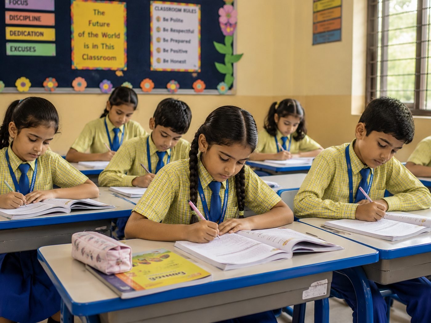 Primary school students writing in their notebooks at desks