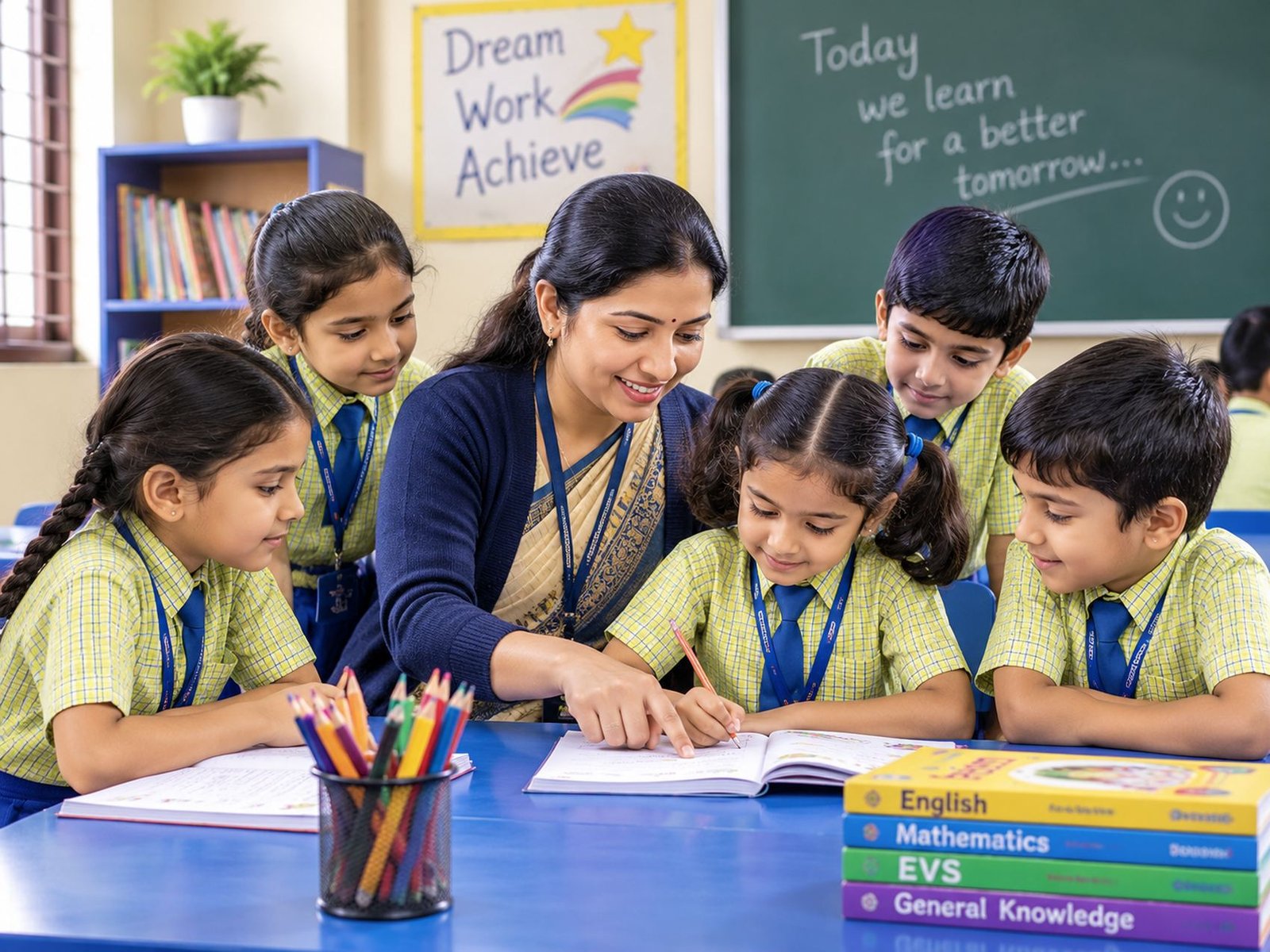A teacher working through a lesson with a small group of students